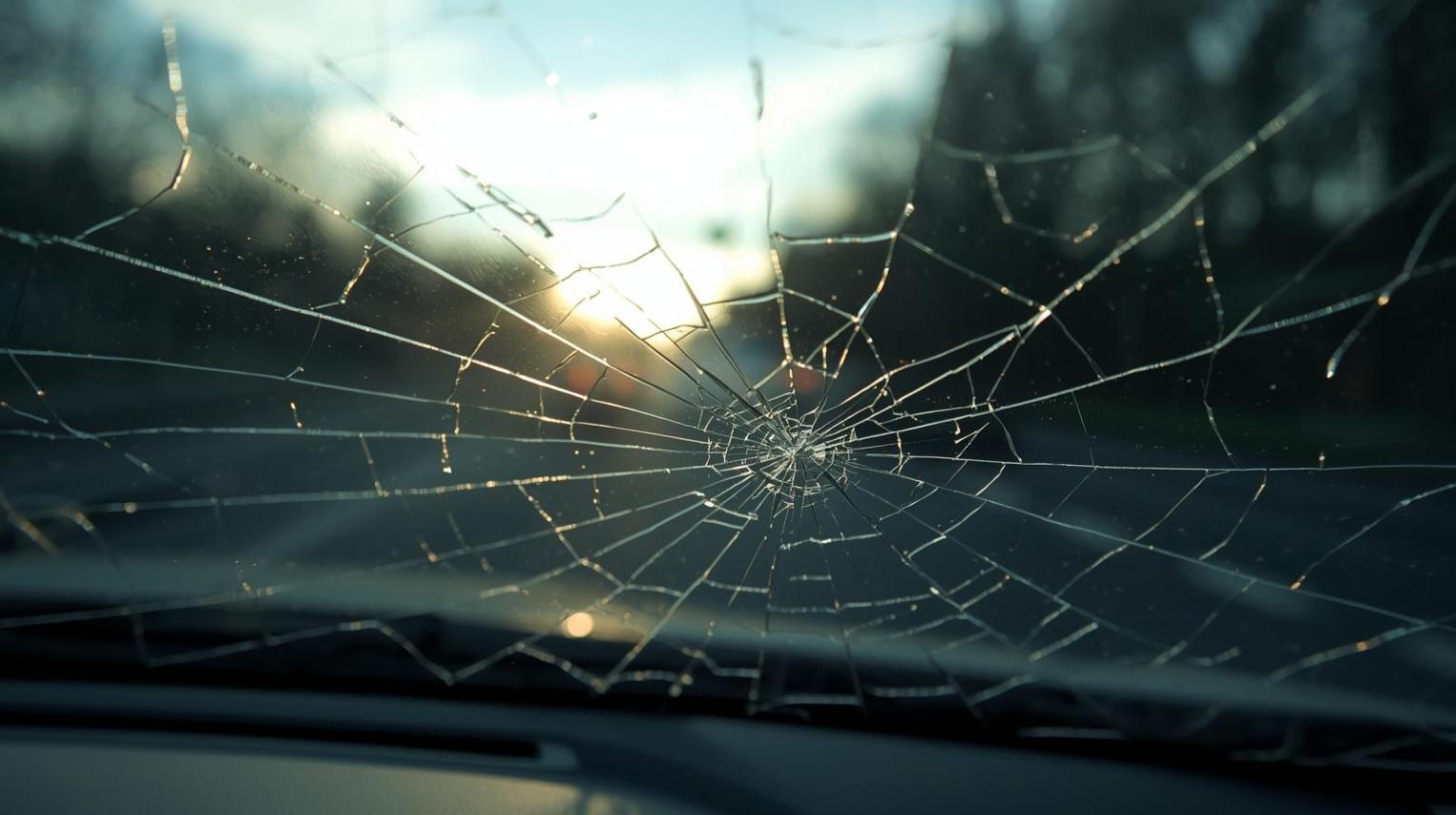 Man repairs cracked windshield beside modern car in bright optimistic workshop scene.