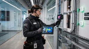 A futuristic pest management technician using digital tablet technology and thermal imaging equipment inside a modern smart building