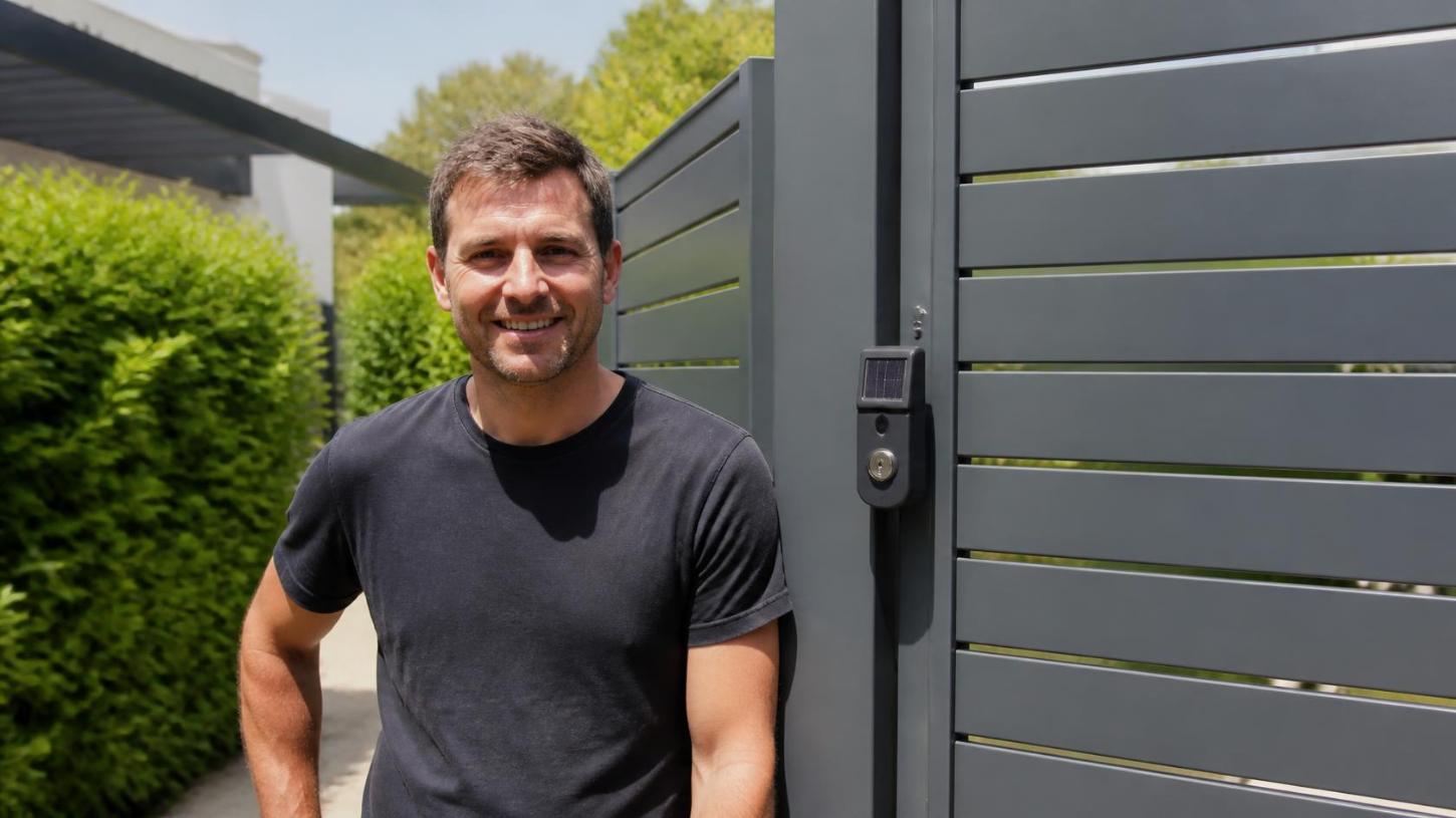 A homeowner stands beside a modern slatted privacy enclosure with a solar gate lock.