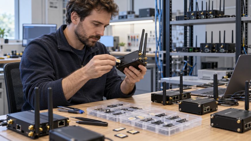 network engineer inspecting cellular modems and SIM card trays